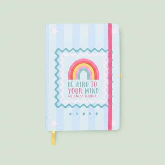 A light blue and white striped journal  with a pink elastic closure band, featuring a colorful rainbow graphic and the text 'BE KIND TO YOUR MIND' on the front cover.