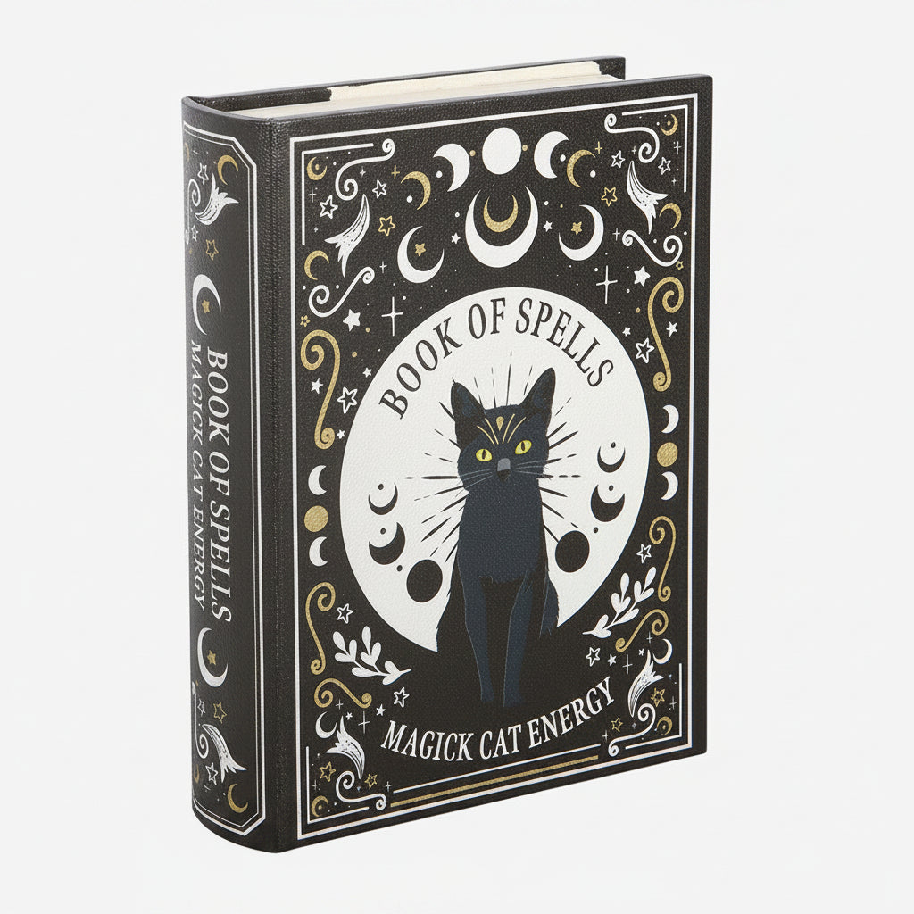 Book storage box titled 'Book of Spells: Magick Cat Energy' with a black cat illustration on a grey background