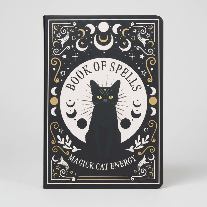 notebook with 'book of spells' and black cat design on a grey background