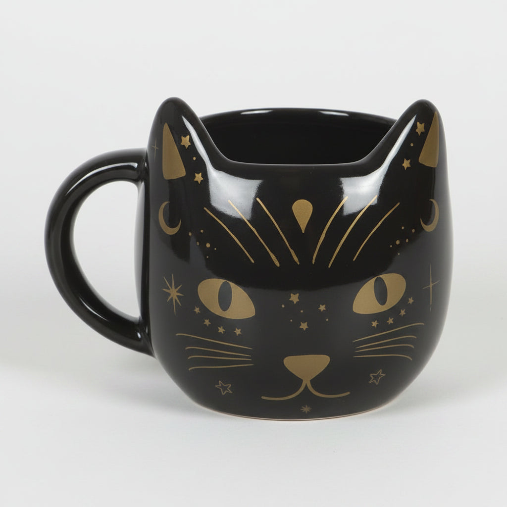 Black cat-shaped mug with gold accents on a grey background