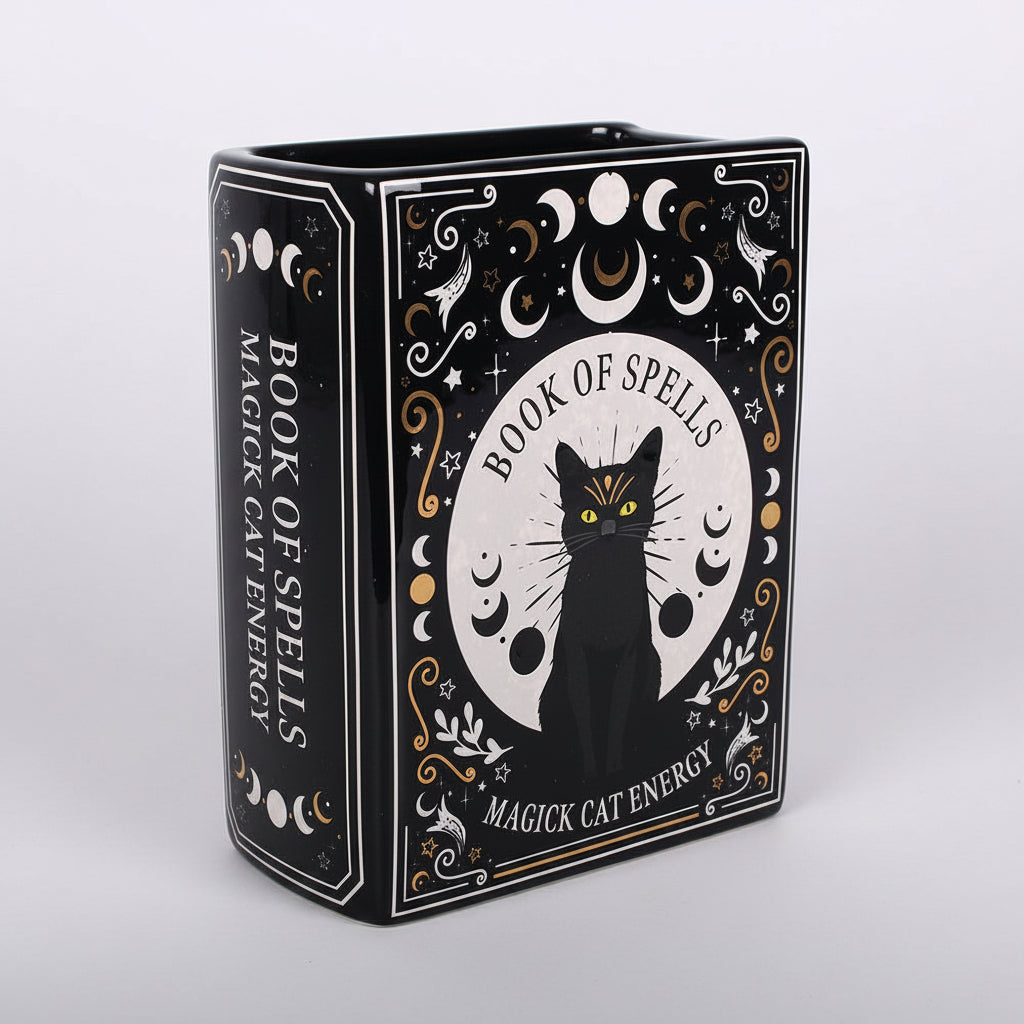 Black book shaped vase with a cat illustration and 'Book of Spells' text on a grey background