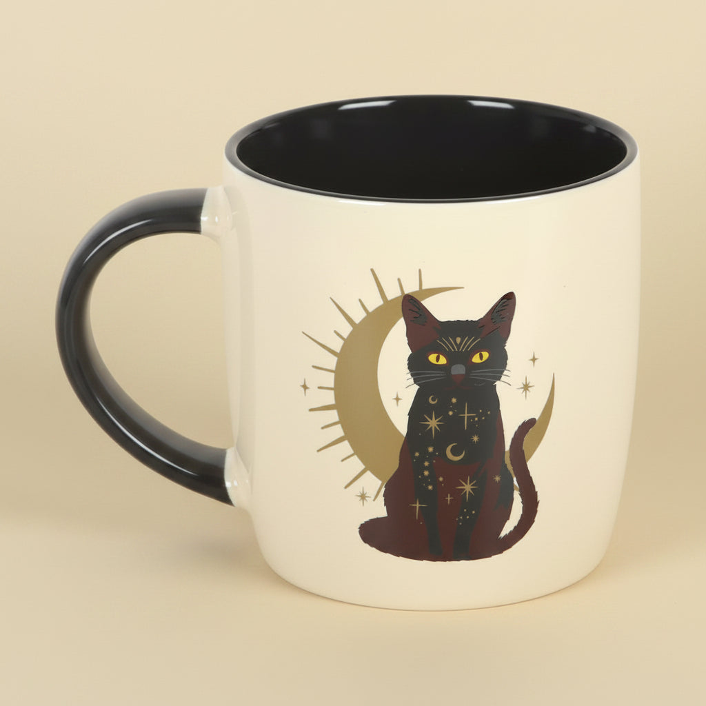 Mug with a black cat design on a beige background