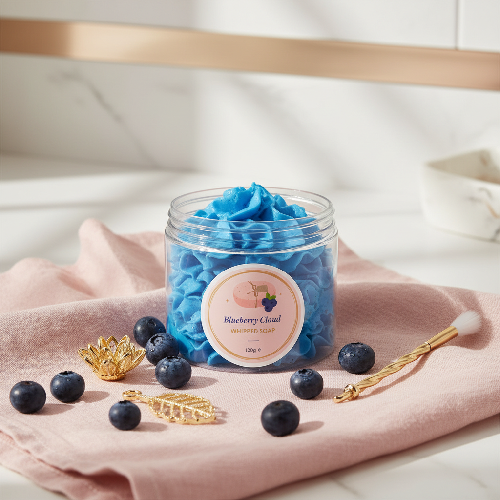 Blueberry Cloud Whipped Soap lifestyle shot with blueberries and spa elements