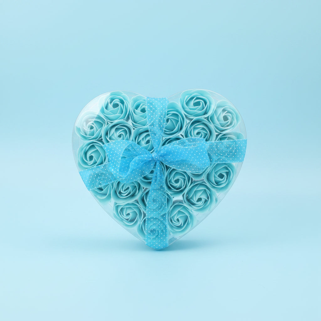 Bouquet of blue roses with a polka dot ribbon on a blue background