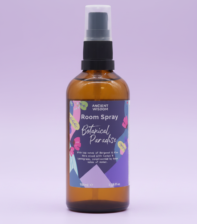 Room spray bottle with a colorful label on a purple background