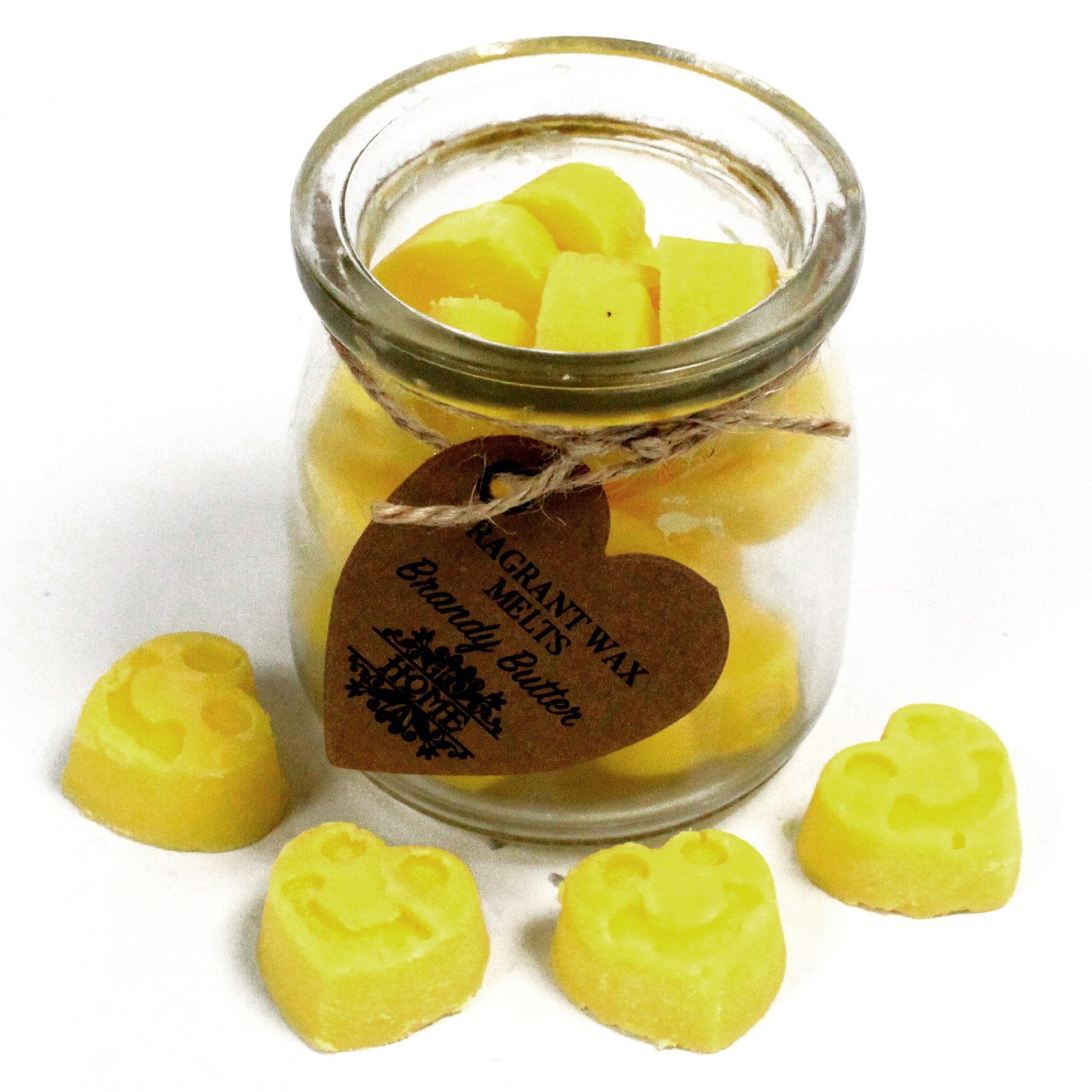 Jar of yellow wax melts with a heart-shaped label on a white background