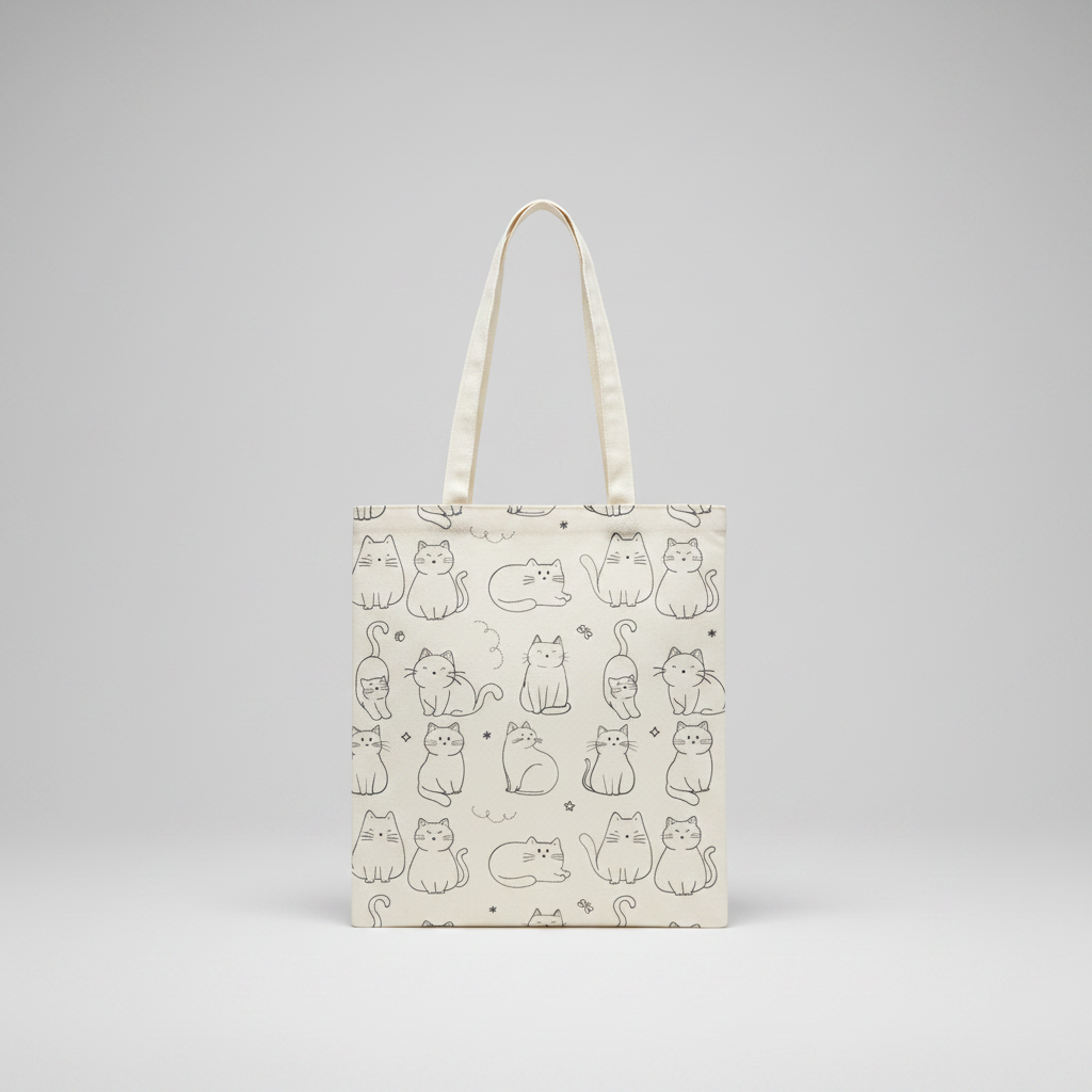 Tote bag with cat pattern on a grey background