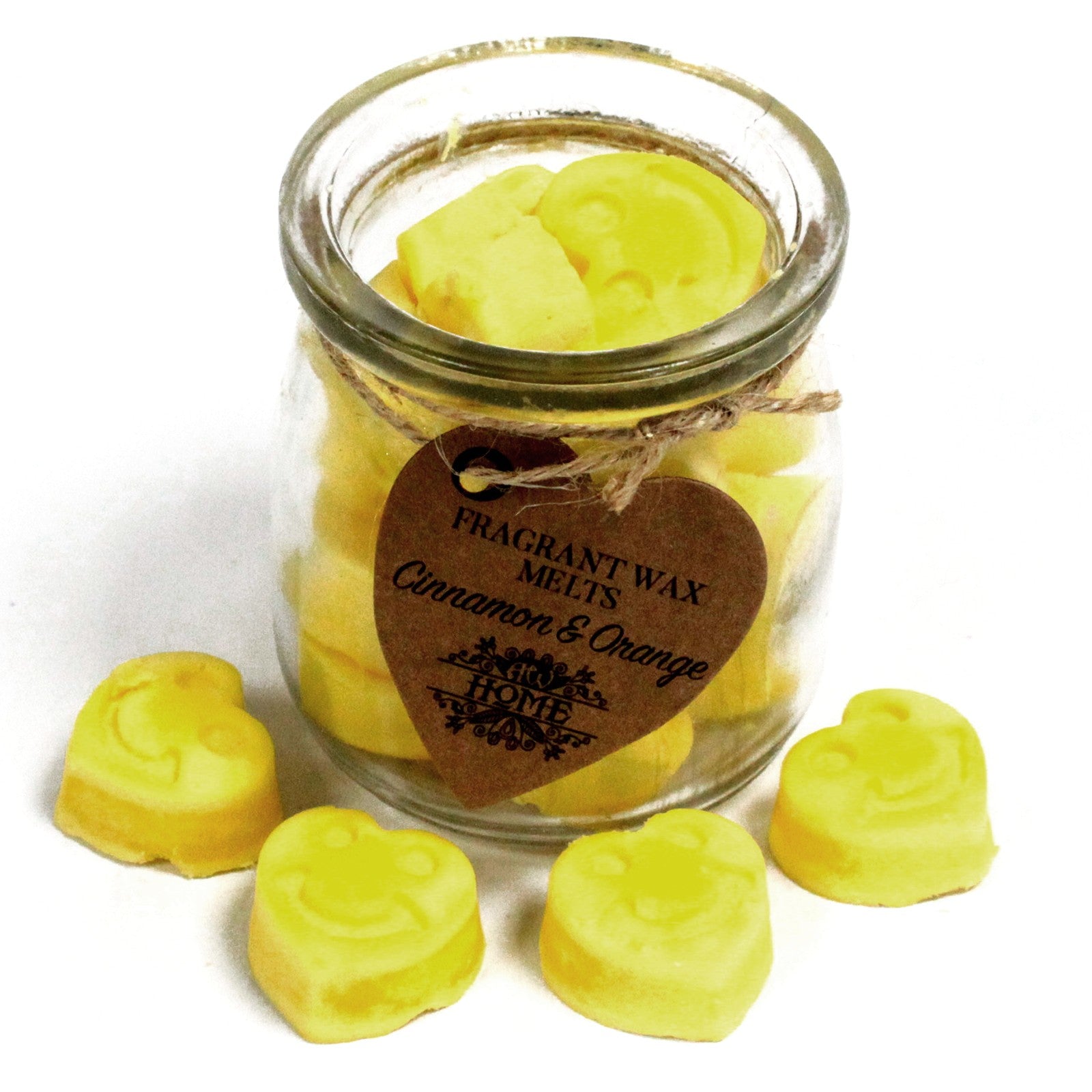 Jar of fragrant wax melts with a heart-shaped tag on a white background