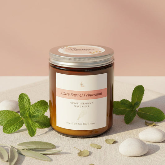 Jar of Clary Sage & Peppermint candle on a pink and white background