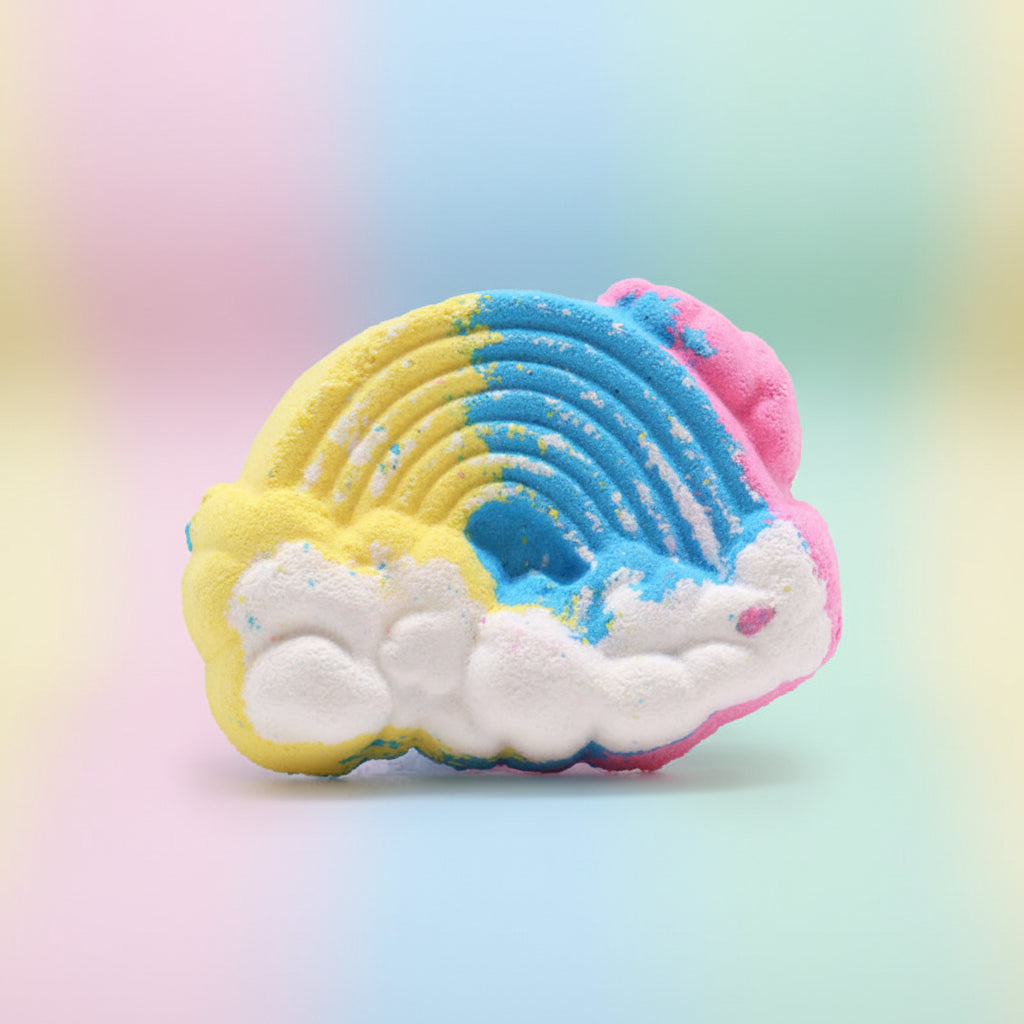 Colorful rainbow cloud-shaped bath bomb on a multicolour background
