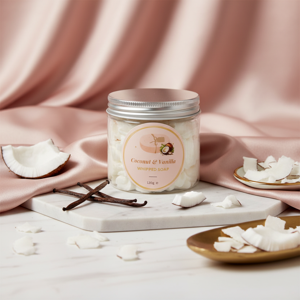 Coconut & Vanilla Whipped Soap styled with tropical elements and blush pink towel