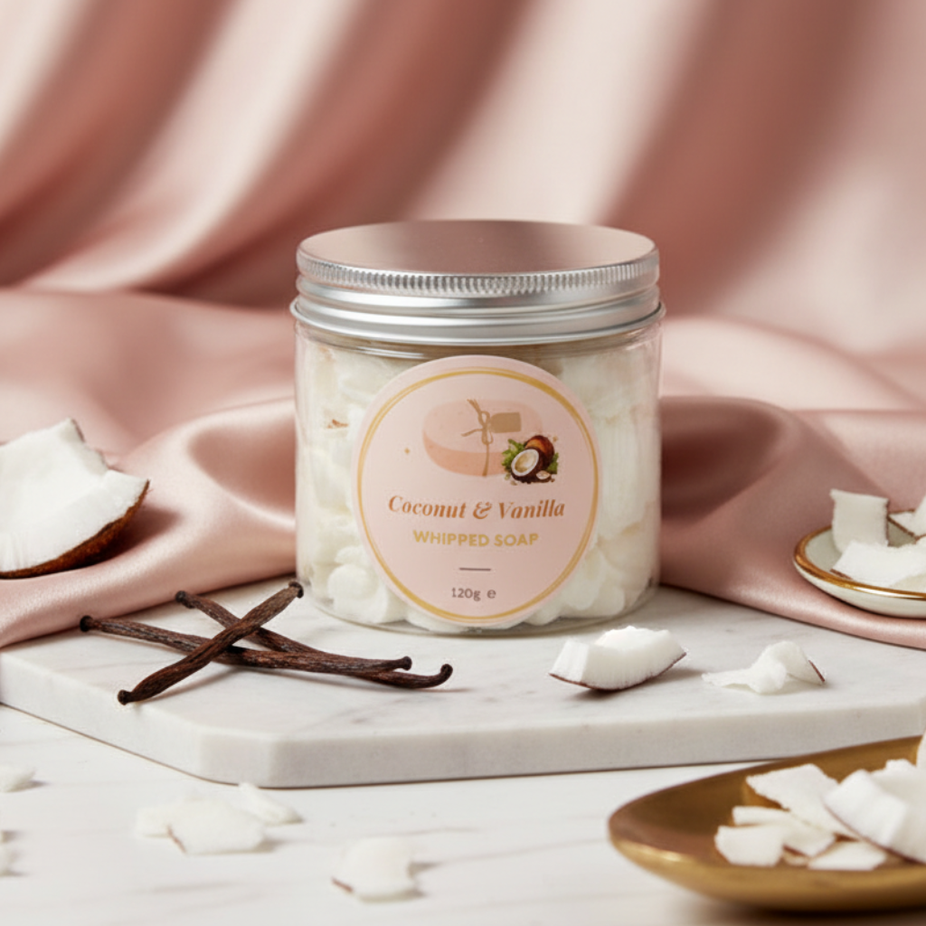 Coconut & Vanilla Whipped Soap styled with tropical elements and blush pink towel