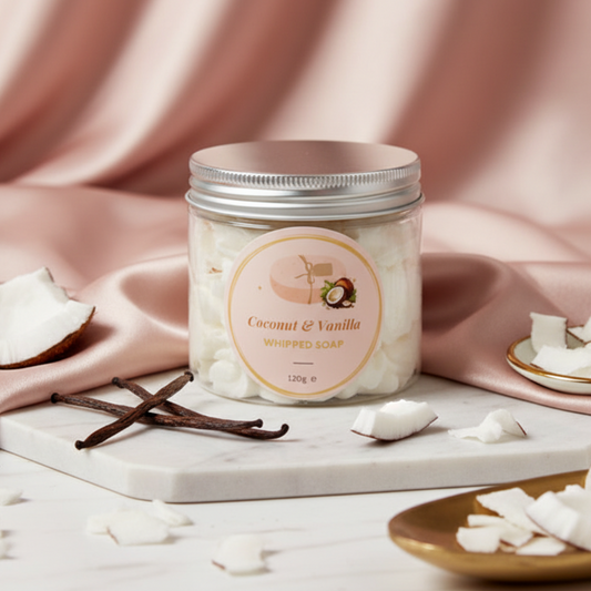 Coconut & Vanilla Whipped Soap styled with tropical elements and blush pink towel