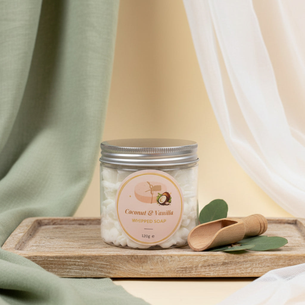 Coconut & Vanilla Whipped Soap jar - luxurious bath and body product