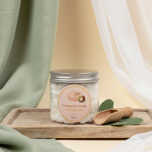 Coconut & Vanilla Whipped Soap jar - luxurious bath and body product