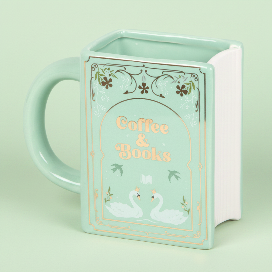 Mint green mug with 'Coffee & Books' text on a green background
