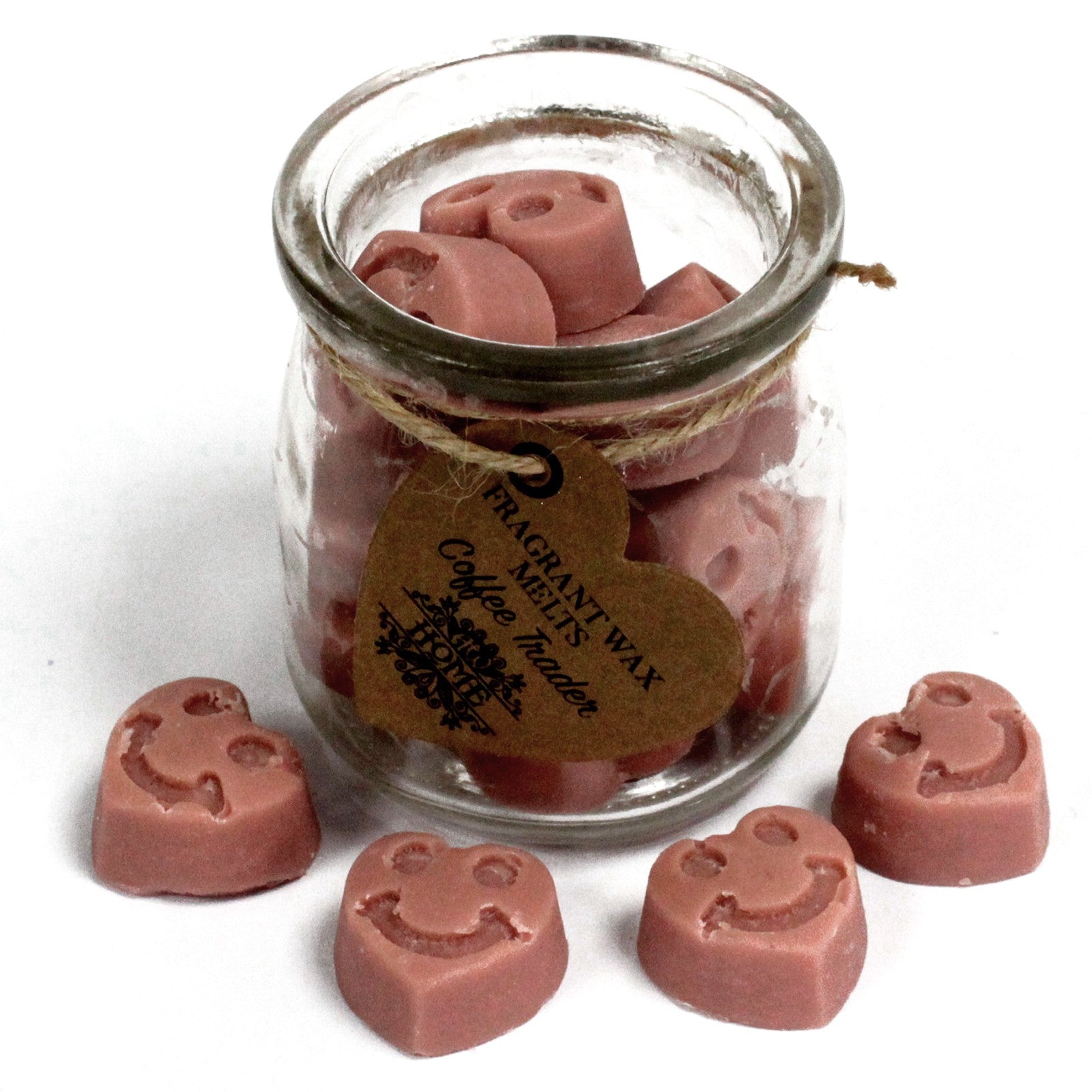 Jar of pink heart-shaped wax melts with a tag on a white background