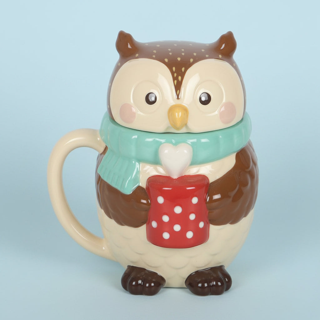 Owl-shaped mug with a scarf and a heart-shaped object on a blue background