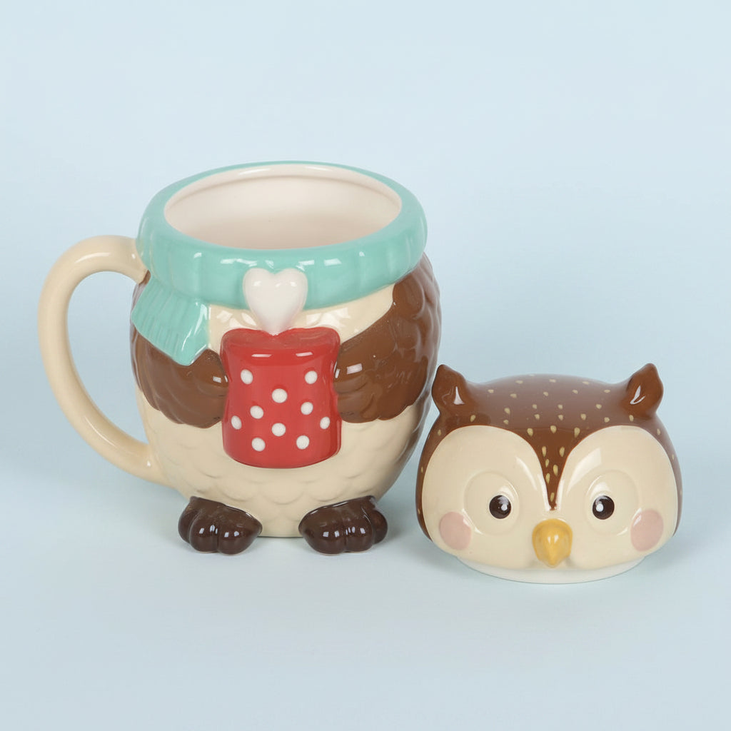 owl-shaped mug with open lid on a blue background