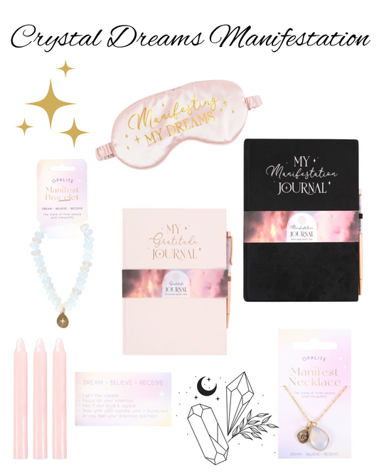 Collection of crystal-themed products including a sleep mask, journal, and candles with 'Crystal Dreams Manifestation' text.