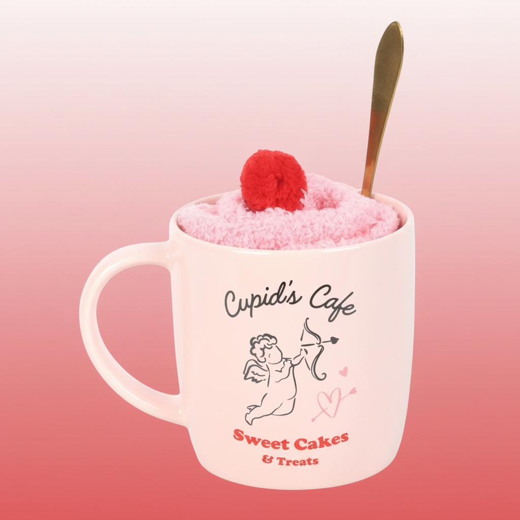 Pink mug with 'Cupid's Cafe' text, filled with pink socks and a cherry on top with spoon, on a pink background.