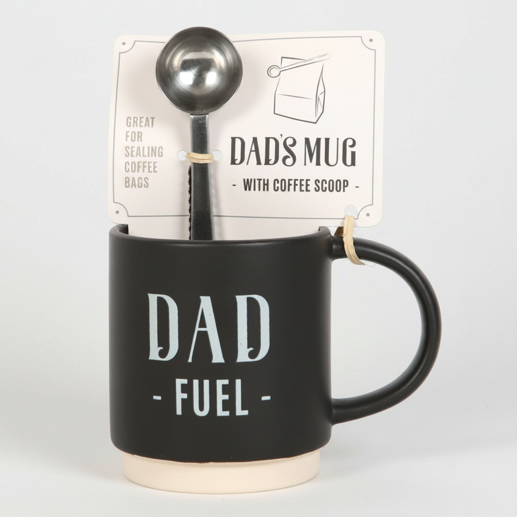 Black mug with 'Dad Fuel' text, coffee scoop, and packaging on a grey background