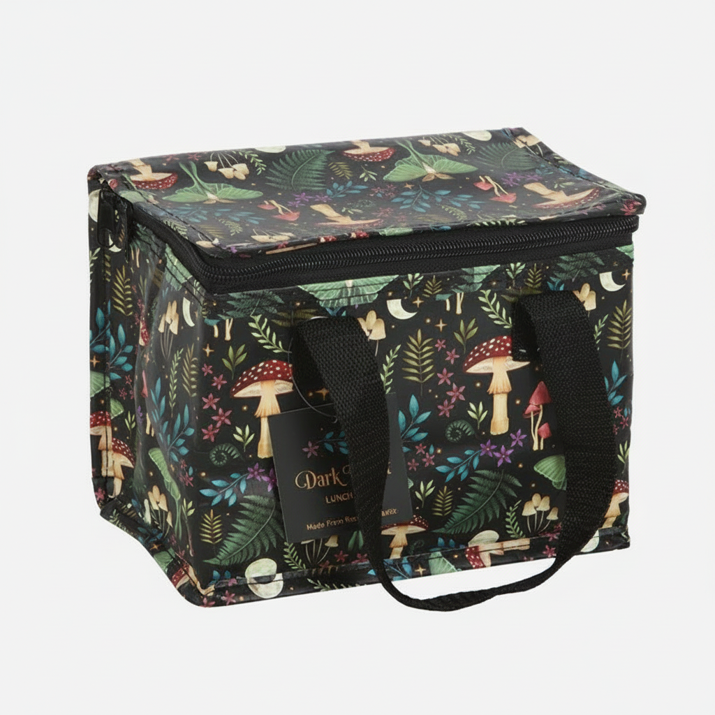  insulated lunch bag with nature-themed design on a grey background