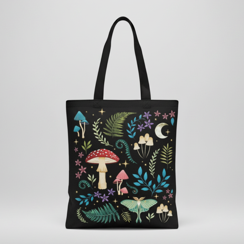 Tote bag with nature-themed design featuring mushrooms and plants on a grey background