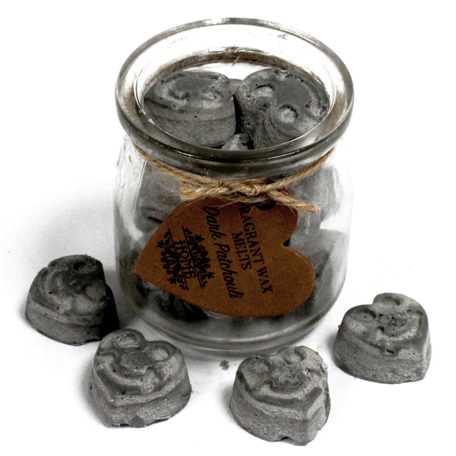 Jar of heart-shaped wax melts with a label on a white background