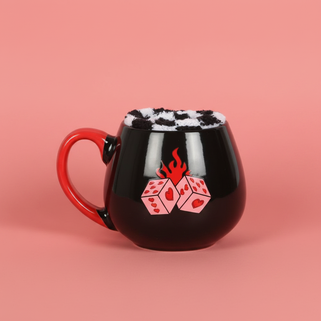 Black mug with red handle and dice design on a red background