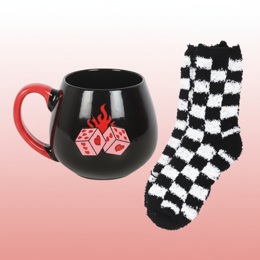 Black mug with red handle and red design, next to black and white checkered socks on a red background