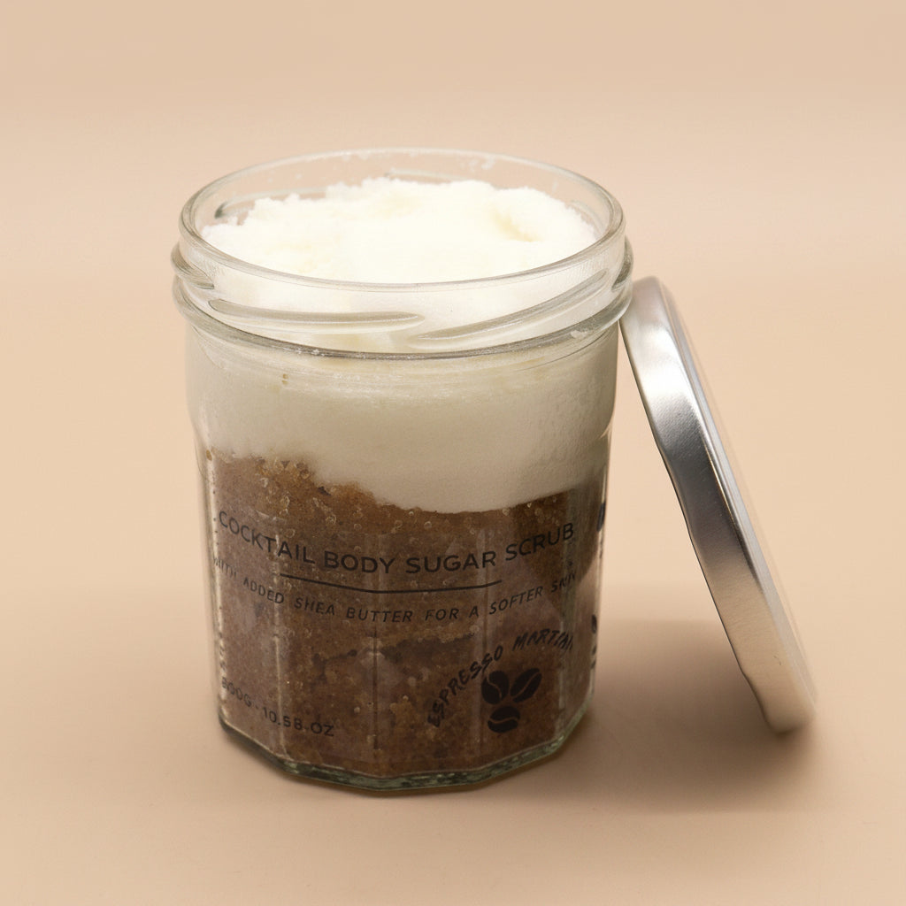 white and brown body scrub in glass jar with silver lid