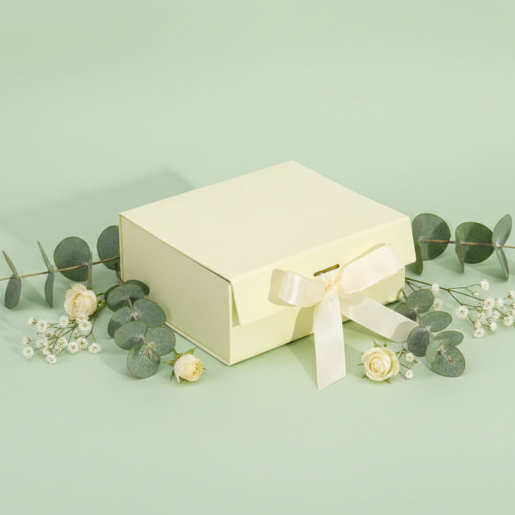 ivory gift box with ribbon on a sage green background with flowers and eucalyptus