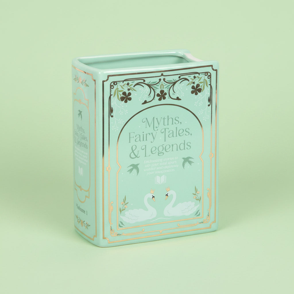 Mint green box with 'Myths, Fairy Tales & Legends' text and swan illustrations on a green background