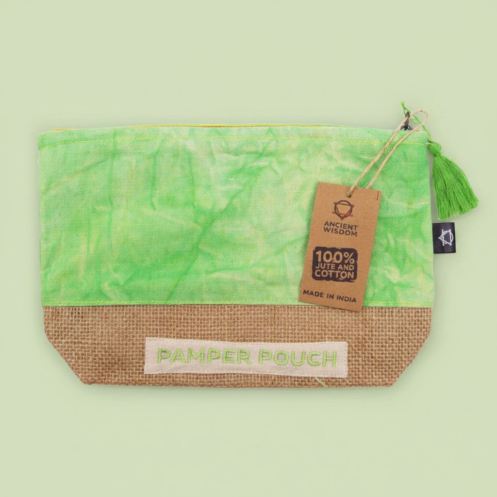 Green and brown pouch with a tag on a green background