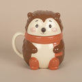 Hedgehog-shaped mug with a scarf on a brown background