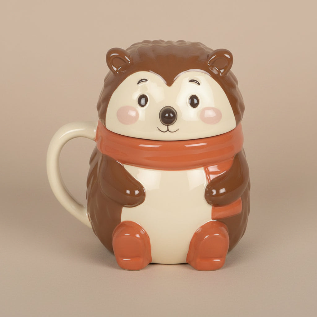Hedgehog-shaped mug with a scarf on a brown background