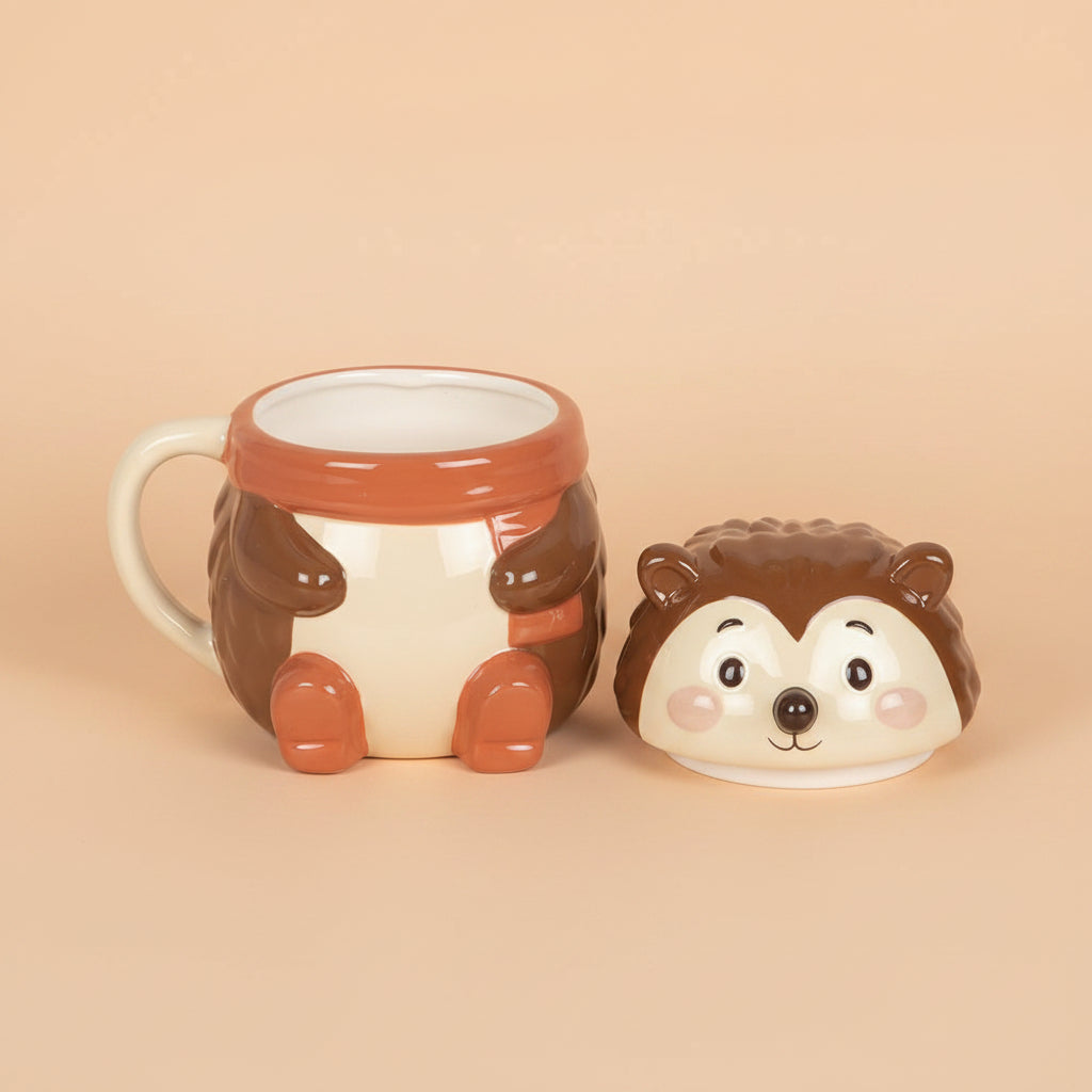 Hedgehog-shaped mug with open lid on a orange background