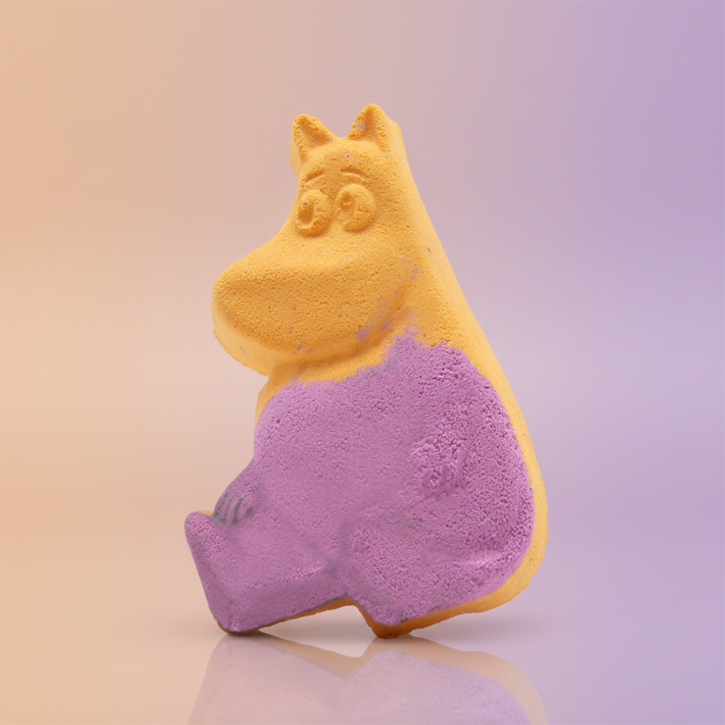 orange and purple character-shaped bath bomb on a orange and purple background