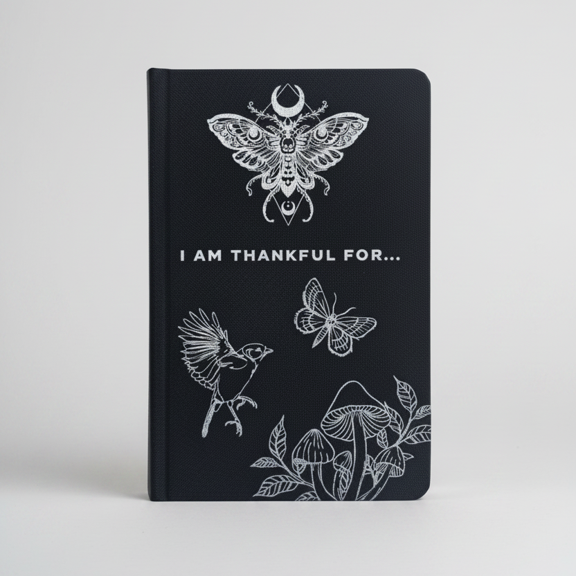 Black notebook with white illustrations of a butterfly, bird, and plants on a grey background