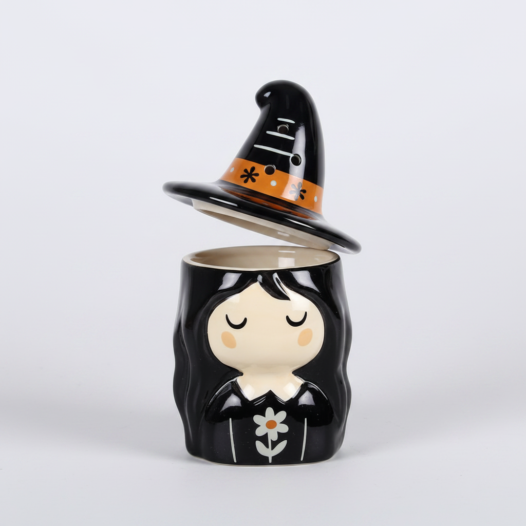Decorative Halloween-themed figurine oil burner with a witch design on a grey background