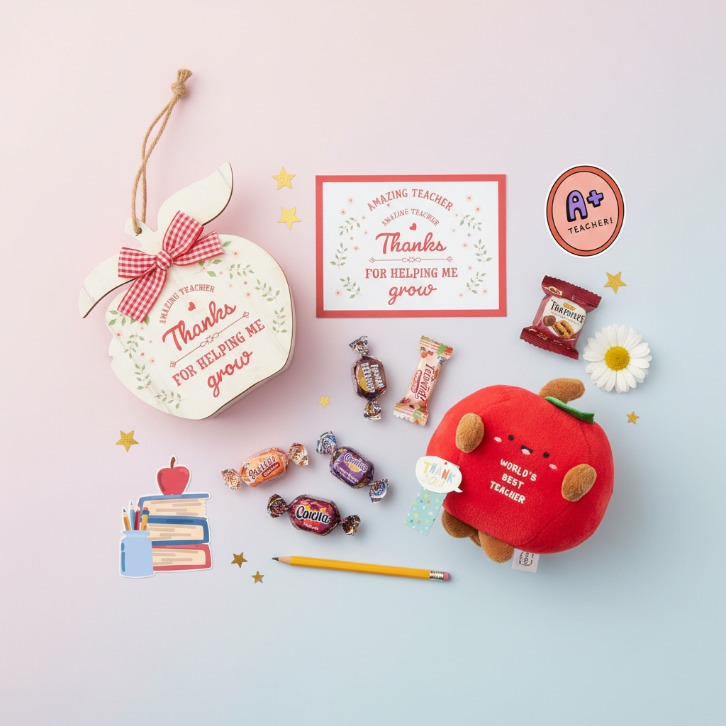 Teacher appreciation gift set with plush apple, candy, and card on a light pink background