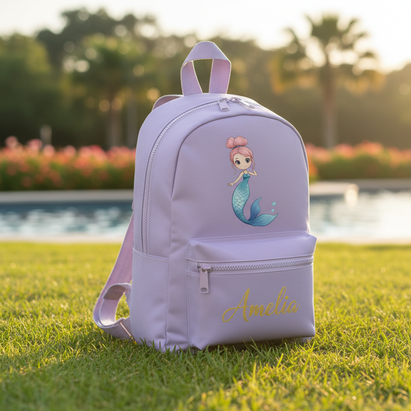 Purple backpack with mermaid design and 'Amelia' text on a grassed area with pool in background