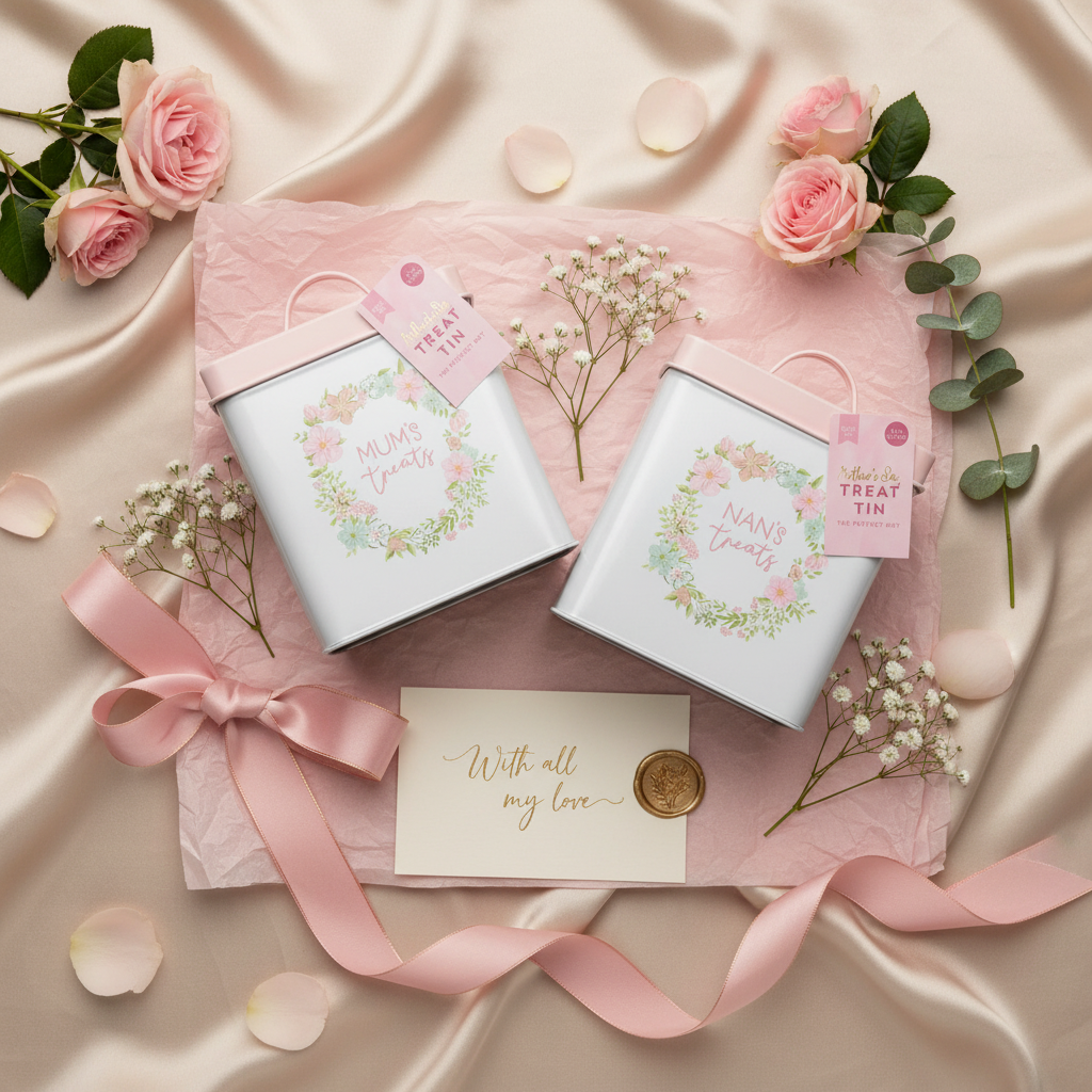 Styled flat-lay of treats tin with flowers and gift wrapping - premium presentation