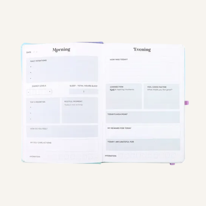 An open journal showing two white pages with light gray boxes and faint headings, photographed on a plain ivory background.