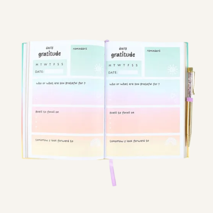 An open pastel gratitude planner page spread with soft mint, pink, peach, and cream colored sections, shown on a plain ivory background.