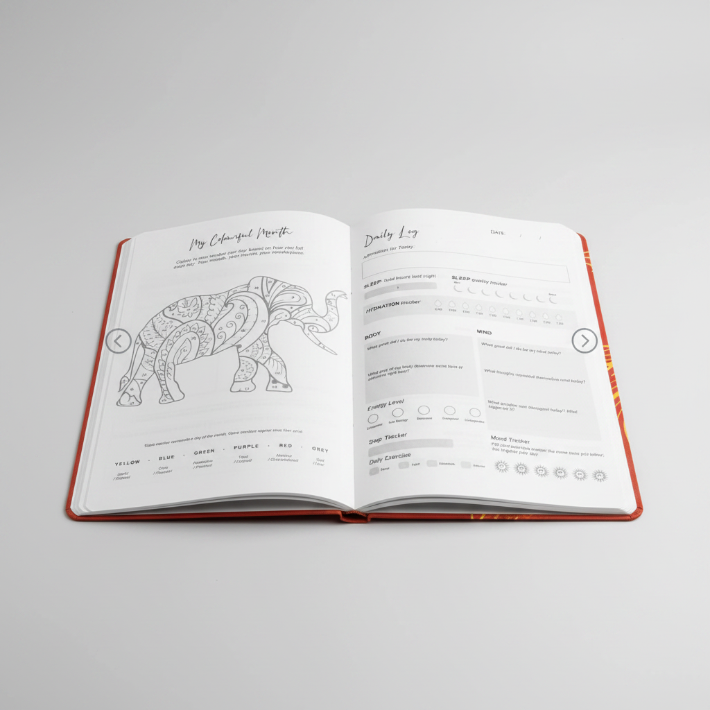 Open journal with coloring page of an elephant and daily log on a grey background