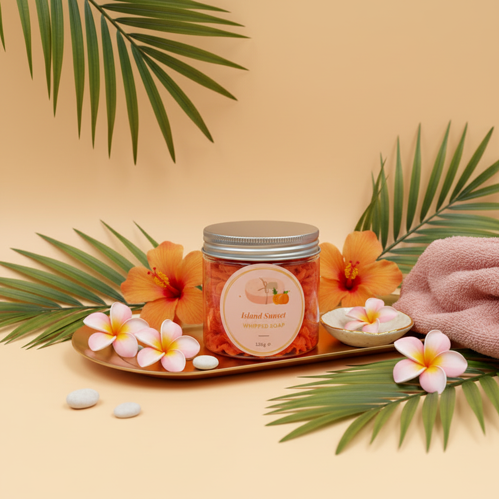 Island Sunset Whipped Soap lifestyle shot with tropical decor and gold accents