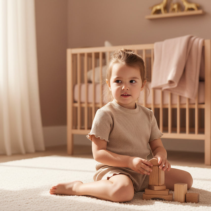 young girl wearing beige ribbed t-shirt and shorts with blocks