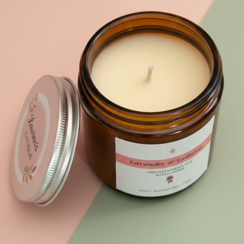 Candle in a brown jar with a visible label on a pink background